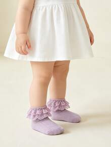 1 Pair Lace Hollow Out Bow Thin Soft Comfortable Breathable Cotton Princess Style Socks For Baby Girls - Purple - View 3