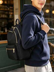 Mochila de moda para hombre de tela de nailon de unicolor, versátil, de gran capacidad, casual, para ir al trabajo y para estudiantes - Negro - Ver 5