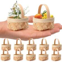 2/5/10pcs Mini Woven Style Faux Wood Baskets With Sturdy Lattice Lid And Handle, Small Round Gift Boxes, Woven Handheld Baskets, DIY Gift Decoration Baskets, Candy Boxes For Weddings, Picnics, Country Parties, Easter And Dollhouses - One Size - View 1