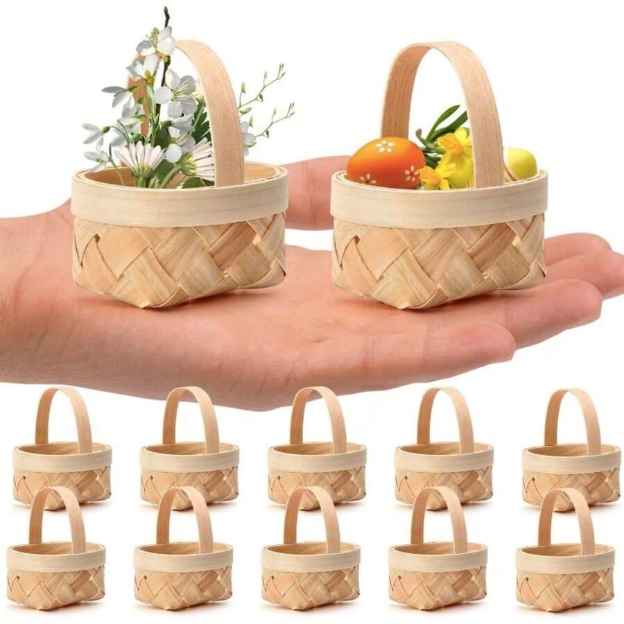 2/5/10pcs Mini Woven Style Faux Wood Baskets With Sturdy Lattice Lid And Handle, Small Round Gift Boxes, Woven Handheld Baskets, DIY Gift Decoration Baskets, Candy Boxes For Weddings, Picnics, Country Parties, Easter And Dollhouses - One Size - View 1