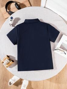 Boys' Classic Casual Preppy Navy Blue Short Sleeve Shirt For Formal Events, School Gatherings And Performances - Navy Blue - View 3