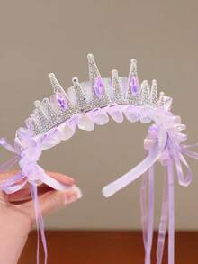 1/2/3/4PCS Blue Pearl Crown Headband, Ice & Snow Fairy Tale Girl Hair Accessory, Sweet Princess Headpiece With Tassel Ribbon And Mesh - Multicolor - View 4
