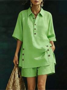 New Women's Two-Piece Set For Spring/Summer 2026, Including Short Sleeved Shirt And Loose Shorts - 綠色 - 查看 11