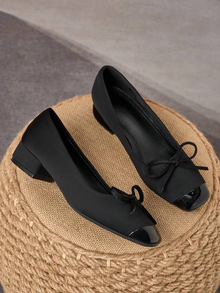 MonaNise Square Toe Low Block Heel Work Pumps - Black - View 1