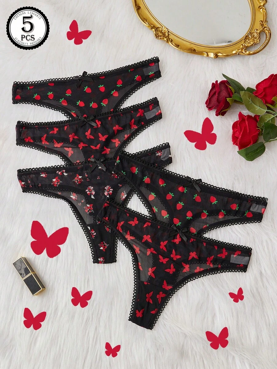 5条/套 女士低腰丁字裤，网纱蝴蝶草莓印花，性感撞色设计，黑色丁字裤，情侣/情人节礼物