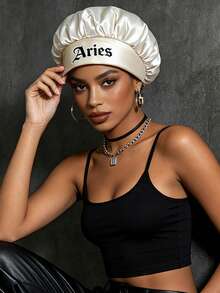 1pc 12 Constellations Beige Satin Hair Care Sleep Cap, Personalized Bonnet, Smooth & Comfortable, Multi-Scene Home Hair Care Luxury Cap - Beige - View 4