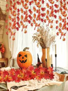 1/12pcs, Artificial Autumn Leaf Garland, Ivy Hanging Vine Garland, Fake Maple Leaf Garland, Suitable For Halloween Thanksgiving Holiday Decoration, Home Wedding Fireplace Party, Autumn Home Decor, Room Decor, Gift, Table Decor, Centerpiece Decor - Red - View 2