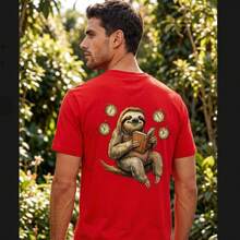 Pure Cotton T-Shirts, Men's T-Shirts, Women's T-Shirts, Printed T-Shirts, Short-Sleeved T-Shirts, Modern And Casual, With A Sloth Print. - 紅色 - 查看 5