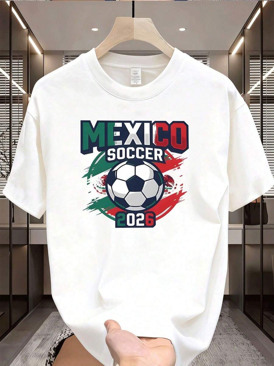 Camiseta de hombre, nueva colección de verano 2026, camiseta de moda masculina estilo casual urbano con diseño de fútbol mexicano 2026, ropa deportiva casual para adultos. 1OUE - Blanco - Ver 1