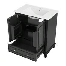 Mueble de baño independiente de 76 x 46 x 87 cm con lavabo integrado, patas de madera maciza, totalmente lacado, resistente a la humedad y al agua, amplio espacio de almacenamiento, lavabo cerámico integrado, color gris. - Negro - Ver 5