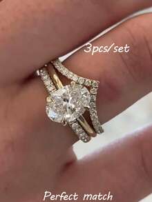 rundraw 4 pezzi Unico Set di Gioielli Nuziali con Zirconia Cubica Taglio Ovale, Anello di Fidanzamento Regalo, Anello di Promessa, Fede Nuziale e Anello Semplice, Adatto come Regalo, Gioielli Regalo di Natale e Capodanno - Dorato - Visualizzare 10
