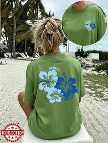 2026 New Summer 100% Cotton Oversized Drop-Shoulder Tee, Double-Sided Hibiscus ALOHA HAWAII Print, Women's Casual Short-Sleeve Round-Neck Top, S-7XL - 綠色 - 查看 14