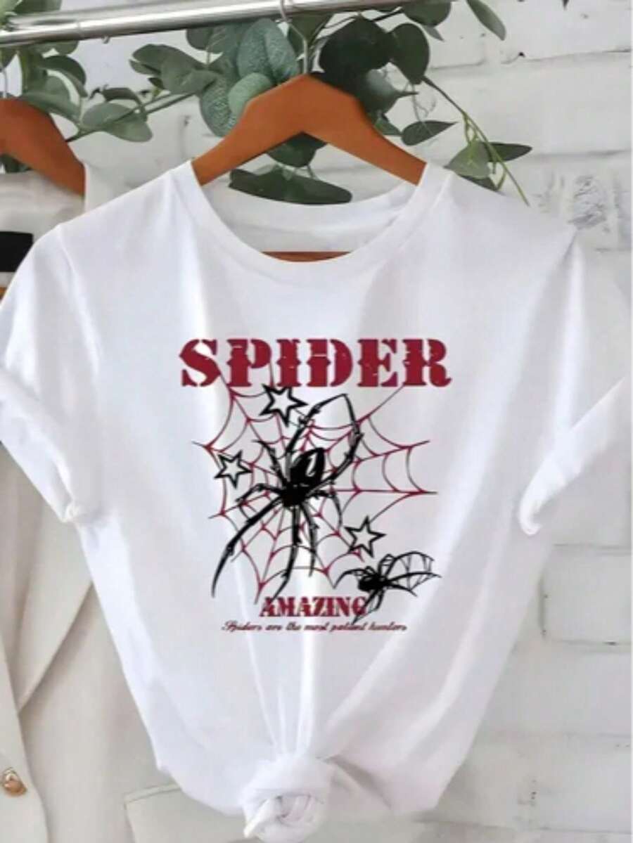 1 Piece Fashion Casual For Men And Women New Women's Round Neck T-Shirt, Short Sleeve, Loose, Casual And Versatile With Spider Print Soft Fabric With Good Drape, Versatile, Easy - 白色 1 - 查看 1