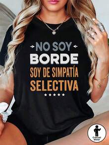 Camiseta con estampado de la frase "NO SOY", manga corta, cuello redondo, top casual para verano y primavera, ropa de mujer - Negro - Ver 2