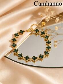 Camhanno 1pc European And American Luxury Style Stainless Steel 18K Gold Plated Four-Leaf Clover Rhinestone Bracelet, Multiple Color Rhinestones Available, Non-Fading, Delicate Chain, Versatile For Commute, Women's Jewelry Gift For Best Friend, Daily Accessory - Gold 2 - View 3
