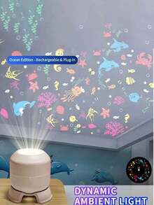 1pc 360° Rotating LED Starry Ocean Projection Night Light, Dynamic Projection Lamp, Rechargeable/USB Powered Adjustable Atmosphere Light, Suitable For Baby Room, Living Room And Game Room Decoration, Ocean Theme Projection (Battery Capacity 800mAh) - Ocean Projection Light - View 14