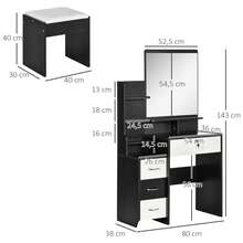 Vanity Table And Stool Set, Makeup Desk With Large Mirror, Open Shelves And 4 Drawers, Black And White - Black - View 4