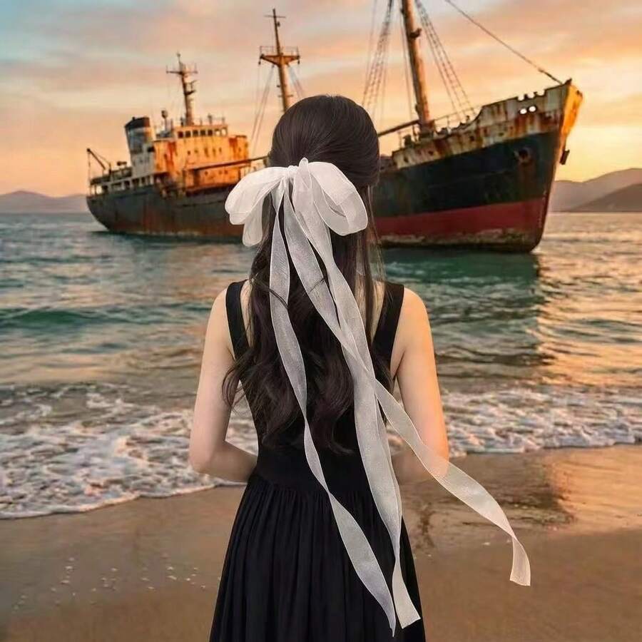 1件透明歐根紗長蝴蝶結髮帶，仙女超長流蘇蝴蝶結髮夾，浪漫鄉村風馬尾蝴蝶結髮飾，適用於婚禮與日常髮飾 - 多層皺皺紗長蝴蝶結(白色) - 查看 1