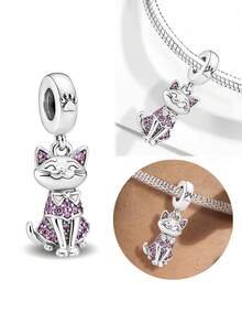1pc 925 Sterling Silver Fully Paved Cat Beaded Pendant, Suitable For DIY Jewelry, Daily Outfit Decoration, Women Gift - Kitten - View 9
