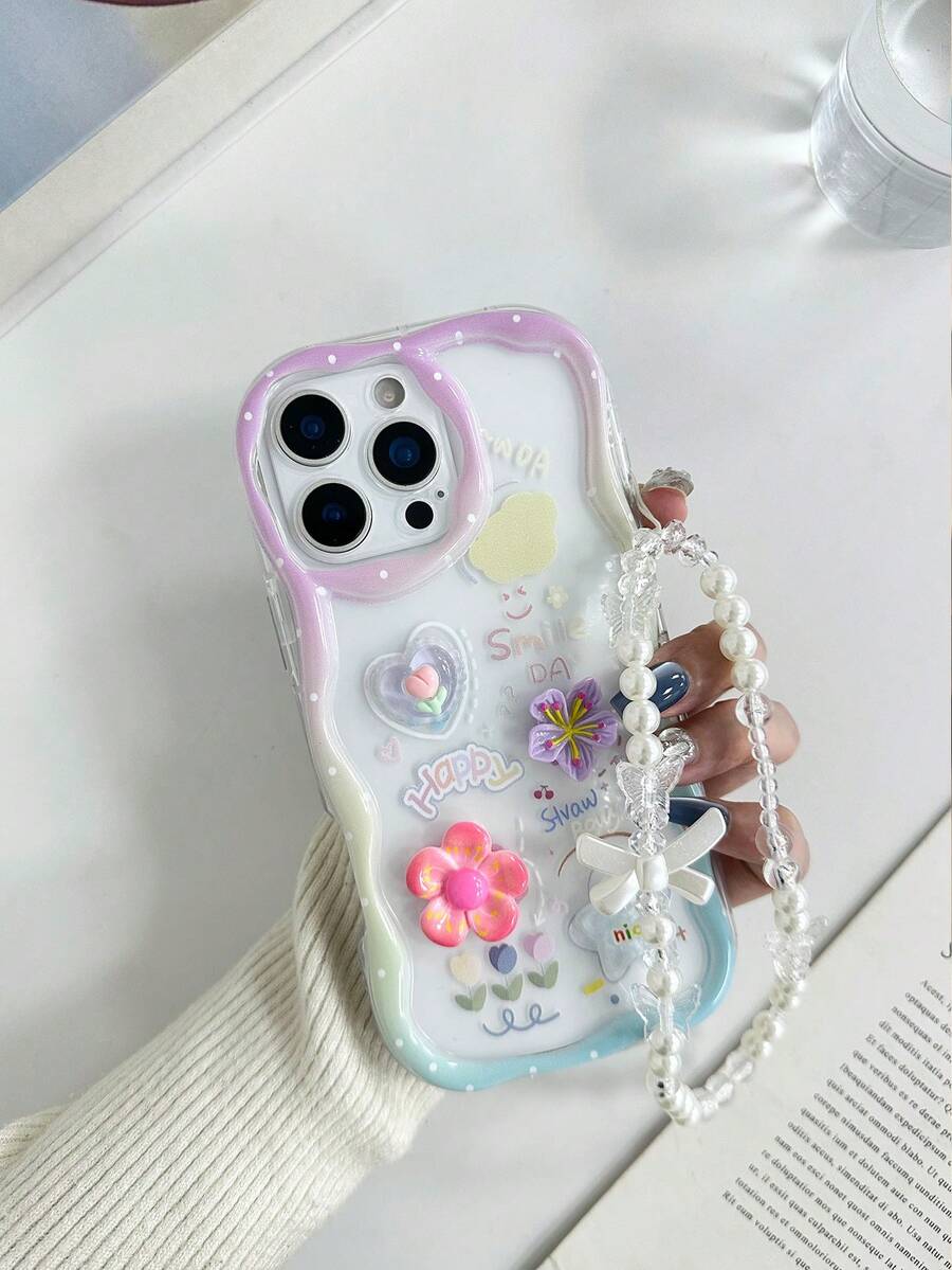 DIY cremige Handyhülle mit wellenförmigem Rand, glänzend lackiert, stoßfest, mit 3D-Accessoires, zusätzlichen Charms und Perlenarmband, kompatibel mit iPhone 17pro/17Air/17/17promax16/11/16pro/16plus/16promax/16e/15Promax/13/14/12/XS/XR/7G/8P, kompatibel mit Samsung Galaxy 11/12Pro/12/12X/13Pro/14Pro/15Pro