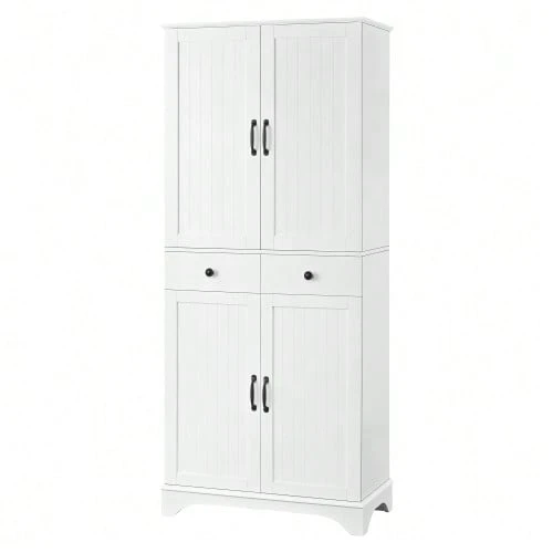 Tall Cabinet With Adjustable Shelves And Drawers, Bookcase With Sliding Shelves And Refrigerator Doors, Ideal For The Dining Room, Living Room And Kitchen (White) - White - View 1