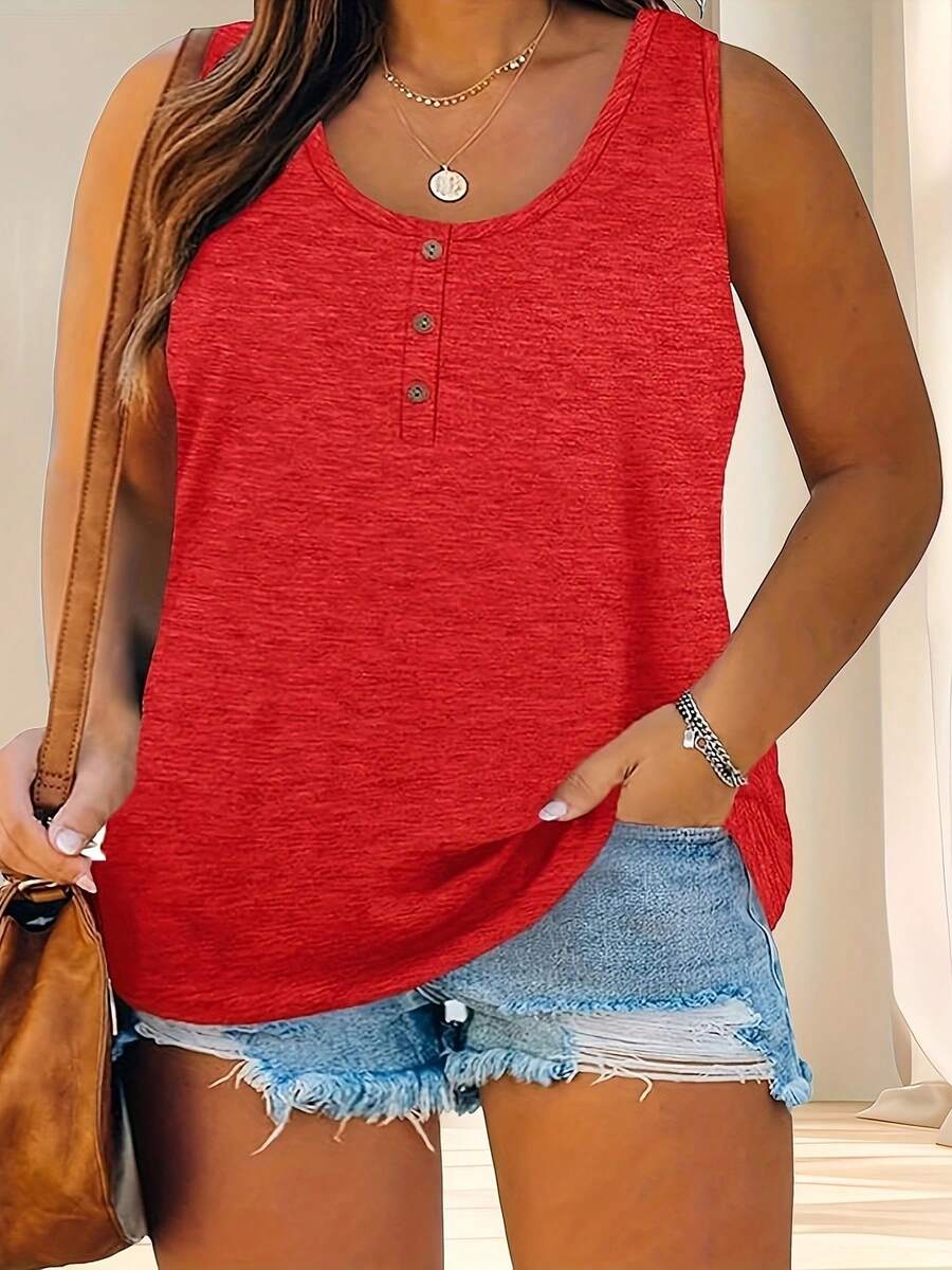 Plus Sizes - Plus Sizes - New Popular Casual Vests With Buttons In Solid Colors For Women's Clothing - Red - View 1