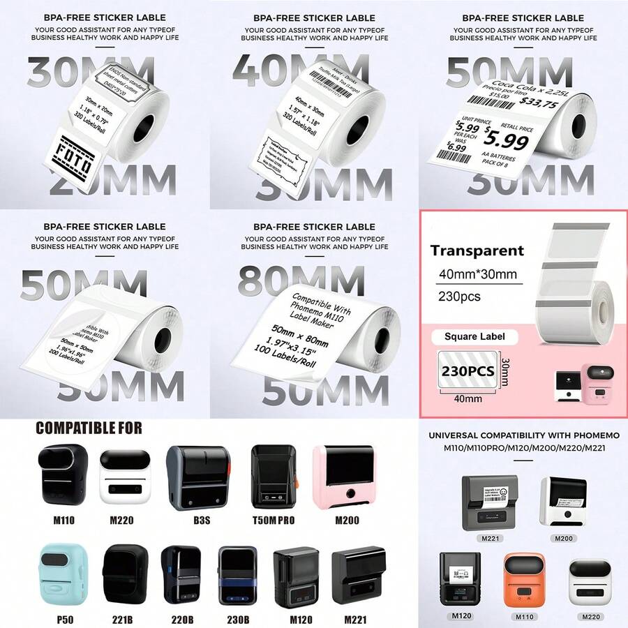2入純白熱感標籤貼紙捲 40x30mm 黑字列印紙 適用於 T50M Pro PL70E N20 M110，辦公室文件名稱標籤儲存整理用
