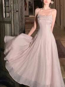 Spring/Summer New Baby Pink Ruffle Bustier Dress, Slim Fit A-Line Fairy Style Beach Outfit Wedding Party - Baby Pink - View 6