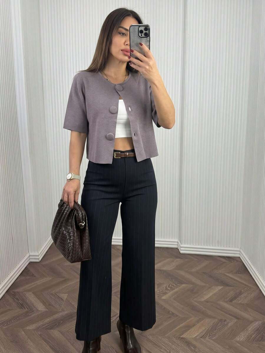 Women's New Round Neck Short Sleeve Knit Top, Minimalist For Commuting, Spring/Summer - Purple Gray - View 1