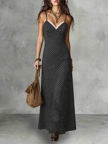 2026 Spring/Summer Women's Valentine's Day Black Base White Polka Dot Spaghetti Strap Maxi Dress With Lace Patchwork Elegant - Black and White - View 1