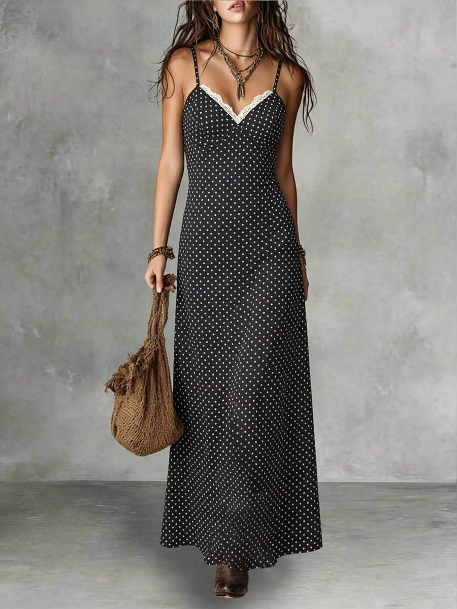 2026 Spring/Summer Women's Valentine's Day Black Base White Polka Dot Spaghetti Strap Maxi Dress With Lace Patchwork Elegant - Black and White - View 1