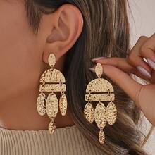 Pendientes largos de borla geométrica creativos de moda, pendientes elegantes asimétricos de textura ovalada personalizada de nicho exagerada de alta gama - Dorado - Ver 1
