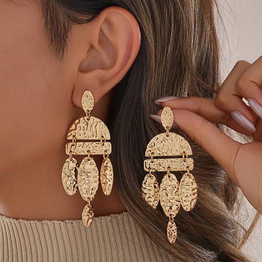 Pendientes largos de borla geométrica creativos de moda, pendientes elegantes asimétricos de textura ovalada personalizada de nicho exagerada de alta gama - Dorado - Ver 1