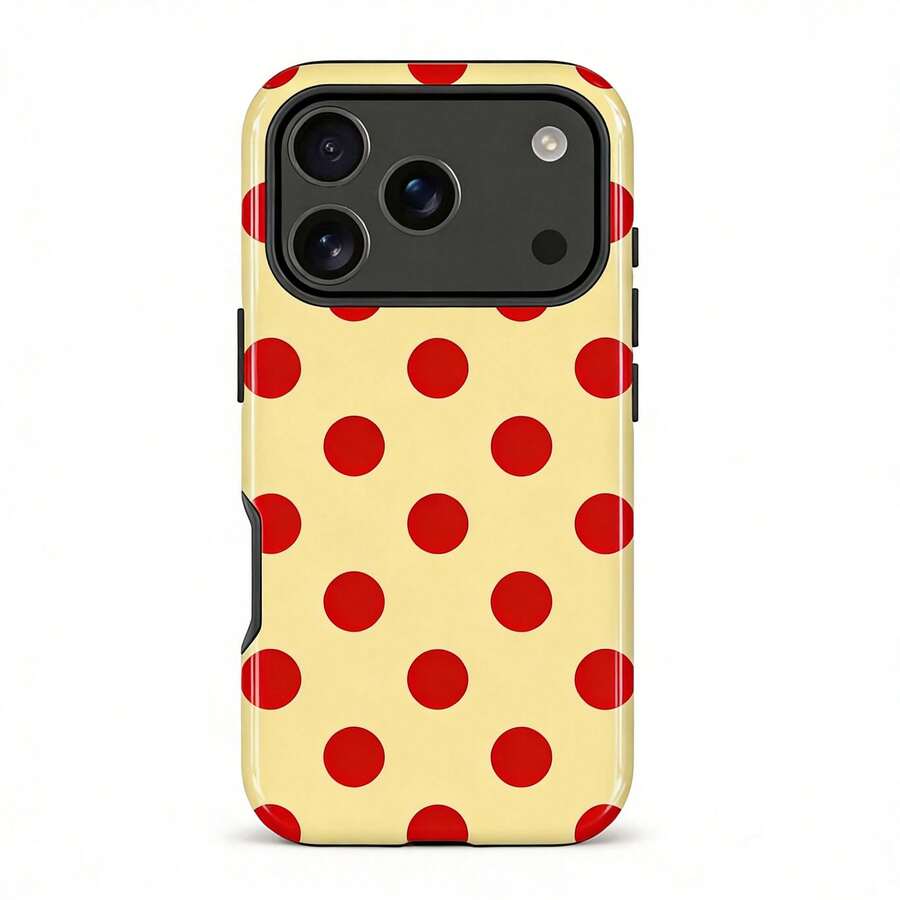 Una elegante funda para teléfono que no incluye cordón ni soporte. Funda para teléfono a la moda con lunares amarillos y marrones, a prueba de golpes, compatible con 17/16/15/14/13/12/11 Pro/Pro Plus/12/13, adecuada para S26 S25 S24 S23 S22 S21 Plus Ultra, versión internacional, no la versión nacional. Regalo de primavera de Pascua. - Fondo amarillo con puntos rojos - Ver 1
