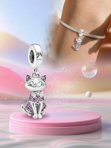 1pc 925 Sterling Silver Fully Paved Cat Beaded Pendant, Suitable For DIY Jewelry, Daily Outfit Decoration, Women Gift - Kitten - View 8