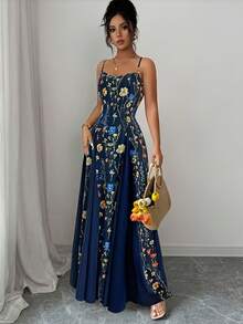 Elegante vestido de patchwork con estampado floral para mujer, vestido maxi francés romántico con tirantes florales, cintura entallada, bajo amplio, vestido estampado estilo vacaciones. - Morado - Ver 1