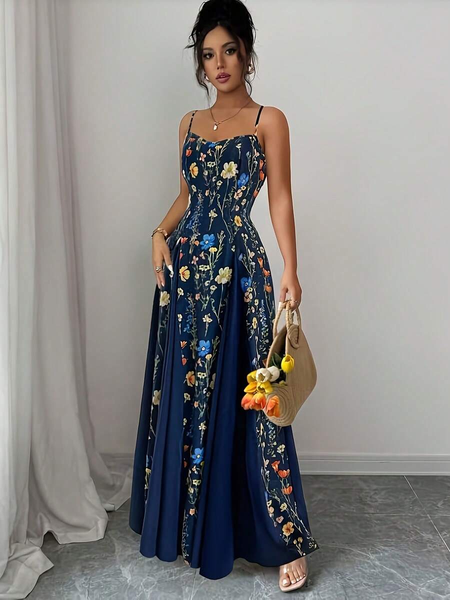 Elegante vestido de patchwork con estampado floral para mujer, vestido maxi francés romántico con tirantes florales, cintura entallada, bajo amplio, vestido estampado estilo vacaciones. - Morado - Ver 1