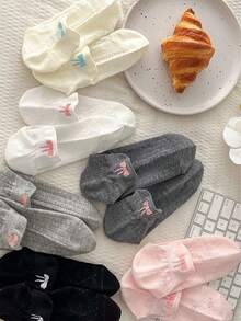 6 Pairs Summer Pure Cotton Short Socks, Thin Breathable Low-Cut Socks, Seamless Socks With Embroidered Bow On Heel - Multicolor - View 2