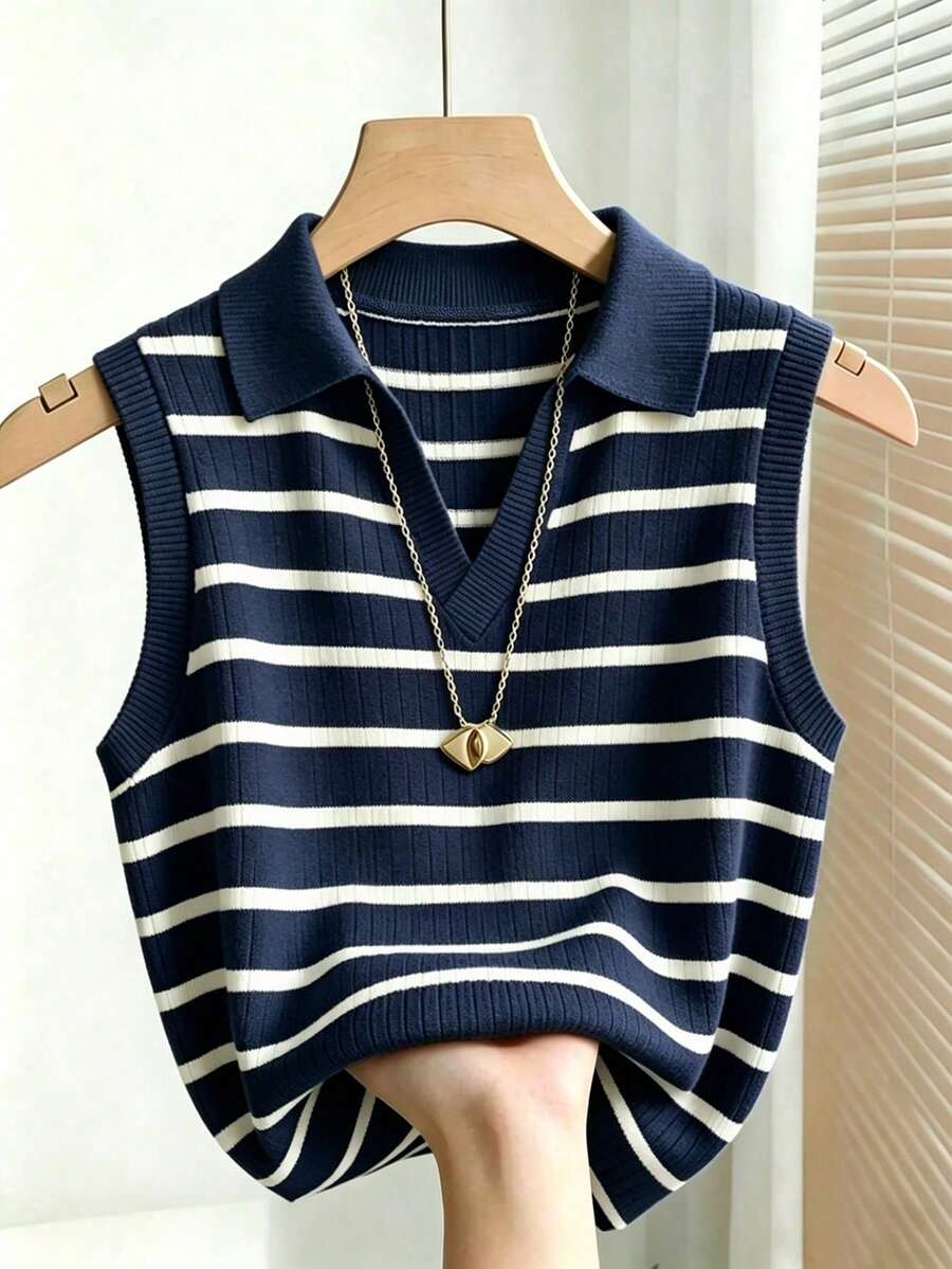 Camiseta de tirantes de punto con cuello y rayas elegante y casual para mujer - Azul marino - Ver 1