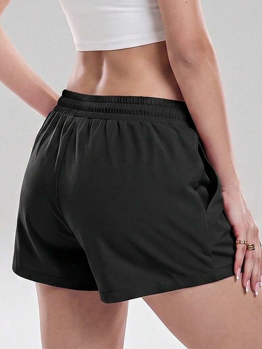 Pantalones cortos casuales con cintura con cordón elástico y bolsillos laterales - Negro - Ver 1