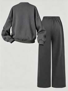 Tween Girl Cartoon Heart Pattern Print Crew Neck Long Sleeve Top And Long Pants - Dark Grey - View 2