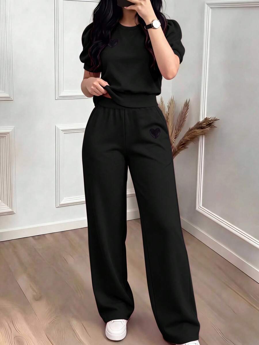 2er/Set Damen schwarzes lässiges besticktes Strick Loungewear Set, Frühling/Herbst elegant Sommer - Schwarz - Übersicht 1