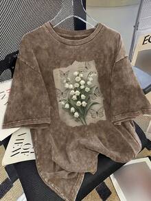 Camiseta retro de estilo universal 100% unisex, divertida camiseta retro con diseño de flor de mayo para cumpleaños, camiseta retro holgada y lavada con diseño de flor de lirio de los valles - Morado - Ver 8