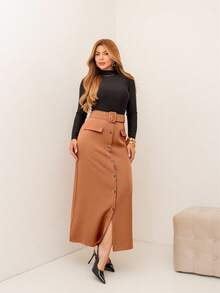 Our Fashionable Women's High-Waisted Midi Skirt With Front Buttons And Belt – Elegant And Versatile In Faux Leather 2026 - 摩卡棕 - 查看 1