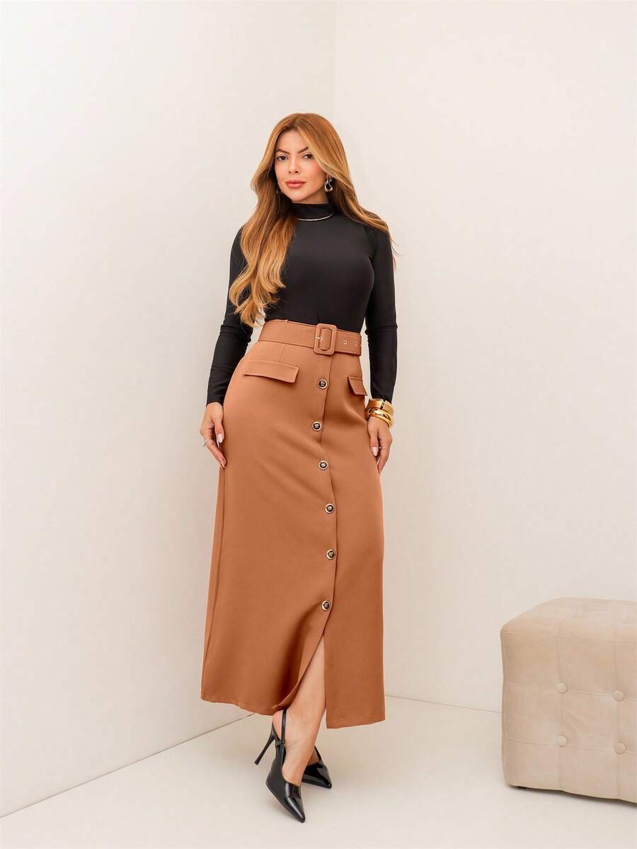 Our Fashionable Women's High-Waisted Midi Skirt With Front Buttons And Belt – Elegant And Versatile In Faux Leather 2026 - 摩卡棕 - 查看 1