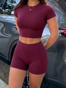 Women's Sports Two Pieces Summer Round Neck Short Sleeve T-Shirt Top And High Waisted Hip Shorts Suit For Yoga Gym Running Workout - Purple - View 4
