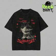 Camiseta Anime Gothic Spirit, Camiseta Gráfica Oversize con Efecto Lavado Vintage, Ropa Urbana con Estética de Grim Reaper para Hombre, Diseño Atrevido, Uso Diario, Regalo para Él, Atuendo d - Negro - Ver 1