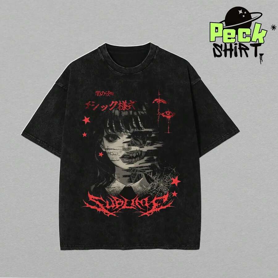 Camiseta Anime Gothic Spirit, Camiseta Gráfica Oversize con Efecto Lavado Vintage, Ropa Urbana con Estética de Grim Reaper para Hombre, Diseño Atrevido, Uso Diario, Regalo para Él, Atuendo d - Negro - Ver 1