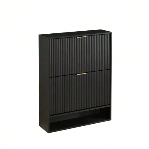 Shoe Cabinet 80 X 24 Cm With Grooved Front – Height Adjustable With Anti-Tip Device And Decorative Table For The Entryway, In White - Black - View 1