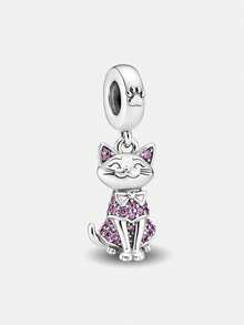 1pc 925 Sterling Silver Fully Paved Cat Beaded Pendant, Suitable For DIY Jewelry, Daily Outfit Decoration, Women Gift - Kitten - View 7